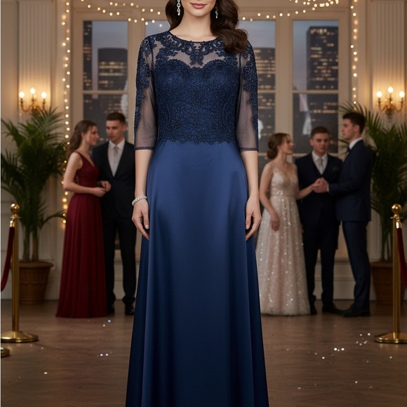 Teri Jon Dresses & Skirts - Teri Jon Dark Sapphire Lace Long Sleeve Prom Gown
